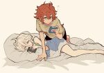2boys 2girls absurdres ahoge alarm_clock bed casual clock green_eyes grey_eyes gundam gundam_suisei_no_majo highres kyouno long_hair looking_at_phone lying male_focus messy_hair miorine_rembran multiple_boys multiple_girls on_bed on_side phone pillow redhead shirt shorts suletta_mercury t-shirt thick_eyebrows under_covers white_hair yuri