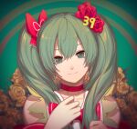 1girl 39 bow character_name choker commentary floral_background flower green_eyes green_hair hair_bow hair_flower hair_ornament hatsune_miku isumi_(yangyan) long_hair looking_at_viewer lowres miku_day pink_rose red_bow red_flower red_rose rose smile solo symbol-only_commentary twintails upper_body vocaloid white_rose yellow_flower yellow_rose