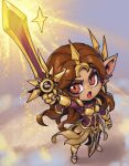  1girl alternate_ears alternate_form arm_up armor armored_boots bangs boots brown_eyes brown_hair chibi commentary full_armor gauntlets gold_armor holding holding_sword holding_weapon league_of_legends leona_(league_of_legends) long_hair multicolored_background open_mouth parted_bangs phantom_ix_row pointy_ears shiny shiny_hair solo sparkle sword symbol-only_commentary tongue weapon white_background yordle 