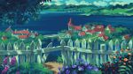  bridge building day english_commentary fence flower grass highres no_humans original outdoors pink_flower pixel_art purple_flower rooftop scenery studio_ghibli tofupixel town tree water 
