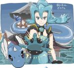 1boy 1girl bangs black_cape black_choker blue_eyes blue_hair bodysuit cape choker clair_(pokemon) closed_mouth commentary_request dragonair earrings floating_cape gloves hair_between_eyes jewelry long_hair looking_at_viewer outstretched_hand p_0_a pokemon pokemon_(creature) pokemon_(game) pokemon_hgss ponytail smile solo spread_fingers tooth_earrings twitter_username two-tone_bodysuit