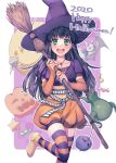 1girl black_hair breasts candy detached_sleeves food gensou_suikoden green_eyes halloween halloween_costume happy_halloween hat highres jack-o&#039;-lantern jewelry long_hair looking_at_viewer nail_polish necklace open_mouth pumpkin sakai_(motomei) smile solo striped striped_legwear thighhighs viki_(suikoden) witch_hat