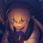 1girl @_@ artoria_caster_(fate) artoria_pendragon_(fate) bangs beret black_headwear blonde_hair blush boa_(brianoa) breasts fate/grand_order fate_(series) fur_collar green_eyes hair_between_eyes hat highres jacket long_hair long_sleeves looking_at_viewer open_mouth small_breasts smile solo twintails white_jacket