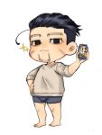 1boy barefoot black_eyes black_hair can chibi facial_hair goatee golden_kamuy gradient gradient_background grey_male_underwear hair_slicked_back hair_strand holding holding_can long_sleeves male_focus male_underwear no_pants ogata_hyakunosuke ri_(ri_kaos21) scar scar_on_cheek scar_on_face short_hair shorts smug solo sparkle standing stitches stubble undercut underwear