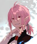 1boy asmodeus_alice bishounen demon_boy hair_between_eyes highres looking_at_viewer low_ponytail mairimashita!_iruma-kun male_focus nail_polish pink_hair pointy_ears red_eyes red_nails short_ponytail smile solo sumuna_sunaco