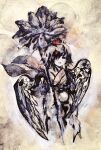 1girl black_hair flower hair_over_one_eye hat ikeda_ruriko japanese_clothes looking_at_viewer open_mouth portrait shameimaru_aya short_hair solo tokin_hat touhou traditional_media wings