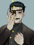 1boy alternate_costume black_eyes black_hair crying crying_with_eyes_open eyepatch facial_hair goatee golden_kamuy hair_slicked_back hair_strand hand_up male_focus ogata_hyakunosuke petals ri_(ri_kaos21) scar scar_on_cheek scar_on_face short_hair solo stitches stubble tears undercut upper_body winter_clothes