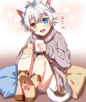 1boy animal_ears blue_eyes cat_boy cat_ears cat_tail cup ginjiro_(ginziro525) ginjiro_(vtuber) heterochromia indie_virtual_youtuber looking_at_viewer male_child male_focus open_mouth orange_eyes paw_print_soles pillow short_hair shorts sitting sitting_on_pillow smile socks solo sweater tail translation_request virtual_youtuber