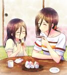  2girls bangs black_hair blush closed_eyes closed_mouth cup eating food glasses hand_up hibike!_euphonium highres holding holding_cup holding_food indoors kyoto_animation long_hair mother_and_daughter mug multiple_girls pink-framed_eyewear ponytail shirt short_sleeves sitting smile table tanaka_asuka tanaka_asumi teacup tmakatof white_shirt 