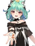 1girl absurdres alternate_costume animal_ears bintz dress green_hair hair_ornament happy highres hololive long_hair looking_at_viewer open_mouth pill red_eyes skull_hair_ornament smile strapless strapless_dress uruha_rushia virtual_youtuber