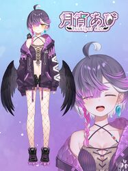 1girl ahoge bird black_wings braid breasts crow fishnets hair_over_eyes highres jacket jewelry multicolored_hair purple_hair smile tsukiyoi_avi varium virtual_youtuber white_hair wings yellow_eyes yuuki_hagure