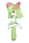 1girl arm_ribbon arms_at_sides bangs blush buttons closed_mouth clothed_pokemon collared_shirt colored_skin commentary english_commentary female_child flat_chest full_body fur-trimmed_skirt fur_trim green_hair green_ribbon green_skirt green_thighhighs hair_over_one_eye happy kirlia medium_hair miniskirt no_humans one_eye_covered pokemon pokemon_(creature) red_eyes red_footwear ribbon shiny shiny_hair shirt shoes sidelocks skirt sleeveless sleeveless_shirt smile solo standing thigh-highs thighhighs tosx white_background white_shirt white_skin zettai_ryouiki