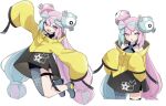 1girl absurdres asaba_(asaba_6771) blue_hair bow hair_bow hair_ornament hata_no_kokoro highres iono_(pokemon) jacket long_hair long_sleeves looking_at_viewer multicolored_hair open_mouth pink_eyes pink_hair pokemon pokemon_(game) pokemon_sv sharp_teeth single_thighhigh sleeves_past_fingers sleeves_past_wrists solo teeth thigh-highs twintails very_long_hair white_background