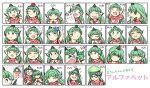 &gt;_&lt; 1girl :d :t ? \o/ alphabet arms_up blush cloud_print cosplay crying crying_with_eyes_open curly_hair dog expression_chart glasses green_eyes green_hair gun hat highres holding holding_gun holding_weapon horns io_nano komano_aun komano_aunn long_hair multiple_girls multiple_views one_eye_closed outstretched_arms paw_pose red_shirt shameimaru_aya shameimaru_aya_(cosplay) shirt single_horn smile sneezing sound_effects tears tokin_hat touhou weapon zun zun_(cosplay) zun_hat