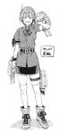 1girl aged_down alternate_hair_length alternate_hairstyle ashigara_(kancolle) belt boots greyscale hairband hiro_(chumo) kantai_collection miniskirt monochrome open_mouth radio_antenna short_hair skirt smile solo thigh-highs thighhighs translation_request turret v-shaped_eyebrows
