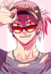 1boy adjusting_clothes adjusting_headwear arm_up bandaid bandaid_on_neck bangs baseball_cap biting black-framed_eyewear boku_no_hero_academia chain_necklace character_name collarbone commentary ear_piercing earrings english_commentary eyes_visible_through_hair fashion gear_earrings grin hair_between_eyes hand_on_headwear hat highres jewelry kirishima_eijirou lip_biting looking_at_viewer lowah male_focus multiple_rings necklace piercing pink_background red-tinted_eyewear red_eyes redhead ring shade sharp_teeth shirt side_ponytail slit_pupils smile solo sparkle spiked_ear_piercing sticker sunglasses teeth tinted_eyewear torn_clothes torn_shirt tsurime twitter_username two-tone_background upper_body v-shaped_eyebrows white_background