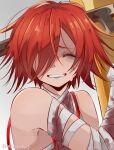  1girl a.b.a absurdres bandages blood blood_on_clothes closed_eyes guilty_gear highres homunculus key_in_head mil17459623 paracelsus portrait redhead short_hair smile solo solo_focus 