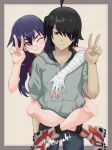 1boy 1girl araragi_koyomi bandages black_hair double_v hair_over_one_eye highres kanbaru_suruga long_hair metarama monogatari_(series) one_eye_closed owarimonogatari shoes smile v