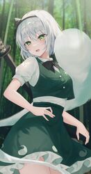  1girl absurdres bangs black_bow black_hairband black_neckwear blurry blurry_background blush bob_cut bow bowtie collared_shirt cowboy_shot eyebrows_visible_through_hair forest frilled_skirt frills green_background green_eyes green_skirt green_vest grey_hair hair_ribbon hairband hand_on_hip highres katana konpaku_youmu konpaku_youmu_(ghost) light_particles looking_at_viewer looking_down nature open_mouth petticoat puffy_short_sleeves puffy_sleeves ribbon shiny shiny_hair shirt short_hair short_sleeves silver_hair skirt solo standing sword sword_on_back tess_(88884) touhou tree vest weapon weapon_on_back white_shirt 