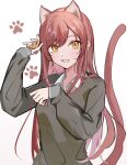 1girl absurdres animal_ears bangs blush cat_ears cat_tail gradient gradient_background grey_sweater highres idolmaster idolmaster_shiny_colors kemonomimi_mode long_hair long_sleeves looking_at_viewer open_mouth osaki_amana paw_pose redhead school_uniform sleeves_past_wrists smile solo suyaya_oyasumi sweater swept_bangs tail yellow_eyes