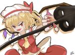 1girl ascot back_bow blonde_hair bow breasts collared_shirt english_commentary fangs fingernails flandre_scarlet hair_between_eyes hat hat_ribbon holding holding_polearm holding_weapon laevatein_(touhou) large_bow looking_at_viewer mob_cap multicolored_wings nail_polish open_mouth polearm puffy_short_sleeves puffy_sleeves red_eyes red_nails red_ribbon red_skirt red_vest ribbon sharp_fingernails shirt short_sleeves side_ponytail signature simple_background skirt skirt_set small_breasts smile solo teeth touhou u_mashed_potato upper_teeth v-shaped_eyebrows vest weapon white_background white_headwear white_shirt wings yellow_ascot