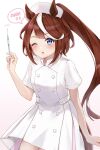 1girl ;o absurdres animal_ears blue_eyes blush brown_hair buttons double-breasted dress hair_flaps hat high_ponytail highres holding holding_syringe horse_ears horse_girl horse_tail long_hair looking_at_viewer multicolored_hair nurse nurse_cap one_eye_closed open_mouth pleated_dress ponytail short_dress short_sleeves solo streaked_hair syringe tail tokai_teio_(umamusume) two-tone_hair umamusume white_dress white_hair yoshinon_(yoshinon_kotori)
