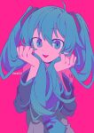 1girl :d armpit_crease bare_shoulders black_sleeves blue_eyes blue_hair blue_necktie blue_theme detached_sleeves eyes_visible_through_hair grey_shirt hair_between_eyes halftone hands_up hatsune_miku highres holding holding_hair light_blush limited_palette long_hair looking_at_viewer menma_(enaic31) necktie number_tattoo open_mouth pink_background pink_theme shirt shoulder_tattoo simple_background smile solo tattoo teeth tie_clip twintails twitter_username upper_body upper_teeth very_long_hair vocaloid wide_sleeves