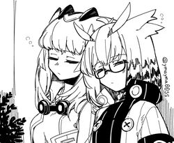 2girls arknights closed_eyes closed_mouth glasses goggles goggles_around_neck greyscale headphones high_collar highres long_hair monochrome multiple_girls owl_ears ptilopsis_(arknights) semi-rimless_eyewear signature silence_(arknights) sleeping sleeping_upright twitter_username under-rim_eyewear upper_body yom_(ymayma00ss)