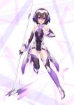  1girl absurdres armor bodysuit brown_hair closed_mouth full_body gloves headband headgear high_heels highres leotard levana_violette_(lusan666) lusan666 navel original purple_eyes senki_zesshou_symphogear short_hair sleeveless solo tagme thigh-highs thighhighs violet_eyes weapon 