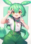  1girl :3 buttons double_v gradient gradient_background green_hair green_shorts green_suspenders gunjou_row hair_between_eyes highres long_hair looking_at_viewer open_mouth orange_eyes puffy_short_sleeves puffy_shorts puffy_sleeves shirt short_sleeves shorts smile solo suspenders v voicevox white_shirt zundamon 