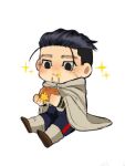 1boy black_eyes black_hair blush cheek_bulge chibi cloak eating facial_hair food food_on_face food_request goatee golden_kamuy hair_slicked_back hair_strand holding holding_food hood hooded_cloak male_focus ogata_hyakunosuke ri_(ri_kaos21) scar scar_on_cheek scar_on_face short_hair sitting solo sparkle stitches stubble undercut