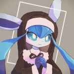  1girl :3 animal_ears bangs black_dress black_headwear blue_fur blue_hair blue_sclera blush body_fur closed_mouth colored_sclera commentary_request cropped dress ears_through_headwear flat_chest furry furry_female glaceon grey_background habit hair_between_eyes hands_up happy highres interlocked_fingers long_hair long_sleeves multicolored_hair nun own_hands_together partial_commentary personification pokemon pokemon_(creature) samenoha_(salmon_no_kaori) sidelocks simple_background smile solo twintails two-tone_fur two-tone_hair upper_body white_eyes wide_sleeves 