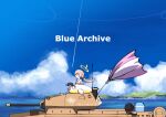 1girl absurdres bangs bikini blonde_hair blue_archive blue_sky cloud clouds copyright_name day frilled_bikini frills from_side ground_vehicle hair_ribbon halo hifumi_(blue_archive) hifumi_(swimsuit)_(blue_archive) highres innertube long_hair low_twintails lumi_snowfall military military_vehicle motor_vehicle ocean open_mouth outdoors profile ribbon sky swimsuit tank twintails very_long_hair white_bikini