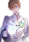 1boy blonde_hair blue_eyes blue_gemstone brooch chain gem hair_behind_ear hair_between_eyes heathcliff_blanchett holding holding_star jacket jewelry looking_at_viewer mahoutsukai_no_yakusoku male_focus mole mole_under_eye odayakao shawl short_hair simple_background small_stellated_dodecahedron smile solo star_(symbol) upper_body white_background white_jacket