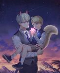 2boys animal_crossing animal_ears bangs blonde_hair blue_necktie blush cat_boy cat_ears commentary glasses green_eyes heterochromia highres lino_chang long_sleeves looking_at_viewer male_focus marshal_(animal_crossing) multiple_boys necktie night night_sky personification raymond_(animal_crossing) shirt sky squirrel_ears star_(sky) starry_sky tail thick_eyebrows vest white_shirt wolf_tail