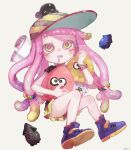  1girl animal animal_on_head baseball_cap black_shirt blonde_hair bracelet cherry clownfish colored_eyelashes cup drooling eyelashes fish fish_on_head food fruit full_body green_eyes green_hair green_skirt harmony&#039;s_clownfish_(splatoon) harmony_(splatoon) hat highres inkling jewelry long_hair low-tied_long_hair miniskirt mug multicolored_clothes multicolored_hair multicolored_headwear no_eyebrows on_head open_mouth pink_eyes pink_hair plum0o0 purple_footwear purple_hair purple_pupils shirt shoes short_sleeves simple_background skirt solo splatoon_(series) splatoon_3 striped striped_headwear stuffed_squid tentacle_hair white_background 