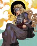 1girl blonde_hair capelet chinh_dwc crossed_arms dark_souls_(series) dark_souls_iii dress english_commentary fire_keeper grey_capelet grey_dress hair_behind_ear highres hood hooded_capelet invisible_chair long_hair mask parted_lips realistic sitting solo twitter_username very_long_hair
