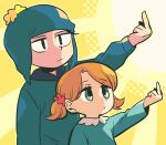 1boy 1girl black_hair blue_jacket brother_and_sister craig_tucker hair_ornament hair_scrunchie hat jacket middle_finger orange_hair scrunchie siblings south_park tricia_tucker tsunoji twintails yellow_background