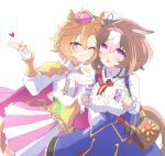 2girls @_@ animal_ears armor bag bangs blue_jacket blush breasts brown_hair cape crown ear_piercing fingerless_gloves frilled_shirt_collar frills gloves heart hihiqhi horse_ears horse_girl horse_tail jacket large_breasts long_sleeves looking_at_viewer medium_hair meisho_doto_(umamusume) mini_crown multiple_girls one_eye_closed open_mouth orange_hair piercing purple_eyes salute shirt short_hair shoulder_armor shoulder_bag skirt sleeveless sleeveless_jacket small_breasts smile t.m._opera_o_(umamusume) tail turtle two-finger_salute umamusume upper_body violet_eyes white_gloves white_shirt