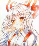 1girl bangs blush bow closed_mouth collared_shirt colored_pencil_(medium) commentary_request fujiwara_no_mokou hair_bow hand_up highres long_hair long_sleeves looking_at_viewer red_bow red_eyes shikishi shirt smile solo suspenders touhou traditional_media two-tone_bow upper_body waramori_fuzuka white_bow white_hair white_shirt wing_collar