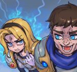 1boy 1girl armor bangs blonde_hair blue_eyes blue_scarf breastplate breasts brother_and_sister brown_hairband censored clenched_teeth garen_(league_of_legends) gem gloves hairband league_of_legends long_hair lower_teeth lux_(league_of_legends) middle_finger mosaic_censoring multicolored_background phantom_ix_row scarf shiny shiny_hair short_hair shoulder_plates siblings small_breasts sweat teeth tongue upper_body white_gloves