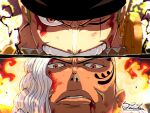 2boys battle blood blood_on_face close-up dark-skinned_male dark_skin eye_focus facial_tattoo fire frown green_hair highres king_(one_piece) looking_at_viewer male_focus mouth_hold multiple_boys one_piece roronoa_zoro scar scar_across_eye scar_on_face serious short_hair signature staring tacchan56110 tattoo teeth white_hair