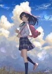  1girl backpack bag bag_charm bangs black_hair black_socks blue_skirt blue_sky blush breasts brown_eyes charm_(object) cloud clouds cloudy_sky collared_shirt commentary_request day floating_hair from_side hair_ornament hairclip highres kneehighs long_hair long_sleeves looking_at_viewer looking_to_the_side original outdoors parted_lips pink_footwear plaid plaid_skirt school_uniform shirt shoes signature skirt sky small_breasts smile socks solo standing standing_on_one_leg umiroku walking white_shirt 