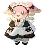 1girl :3 absurdres animal_ears apron audino black_bow black_dress blank_eyes bloomers blue_eyes blush body_fur bow buttons clothed_pokemon commentary dated_commentary dress ear_bow english_commentary flat_chest frilled_apron frilled_dress frills full_body furry furry_female hands_up happy highres light_blush long_sleeves maid maid_apron maid_headdress motion_lines no_humans open_mouth own_hands_together pink_fur pokemon pokemon_(creature) red_leopard simple_background smile socks solo standing tail tail_wagging two-tone_fur underwear white_apron white_background white_bloomers white_socks yellow_fur