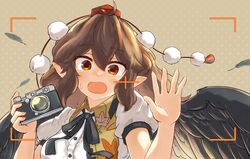  1girl bird_wings black_hair black_neckwear black_wings blush brown_hair buttons camera collared_shirt feathered_wings feathers hair_between_eyes hat holding holding_camera open_mouth pointy_ears pom_pom_(clothes) puffy_short_sleeves puffy_sleeves red_eyes red_headwear ribbon shameimaru_aya shirt short_hair short_sleeves solo tokin_hat touhou uisu_(noguchipint) upper_body white_shirt wings 