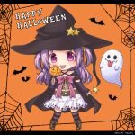 1girl :p arm_warmers bangs belt black_cape black_headwear black_shirt black_sleeves brown_belt brown_footwear cape chibi criss-cross_halter crop_top cross-laced_footwear detached_sleeves food gem ghost hair_bobbles hair_ornament halloween halterneck hat magia_record:_mahou_shoujo_madoka_magica_gaiden magical_girl mahou_shoujo_madoka_magica medium_hair miniskirt misono_karin momoka74 parted_bangs parted_hair pink_ribbon pleated_skirt print_skirt purple_eyes purple_hair purple_thighhighs ribbon shirt skirt smile solo star_(symbol) star_print striped striped_thighhighs thigh-highs tongue tongue_out two_side_up violet_eyes white_skirt witch_hat yellow_gemstone