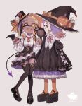 2girls ;d alternate_costume animal animal_on_shoulder bat_wings big_man_(splatoon) black_cat black_footwear black_headwear black_ribbon black_wings blonde_hair blue_hair boots bow breasts buttons cat cat_on_shoulder center_frills cephalopod_eyes colored_eyelashes colored_tongue cross-shaped_pupils dark-skinned_female dark_skin demon_tail dress earrings fangs frills frye_(splatoon) full_body garter_straps gradient gradient_background gradient_hair grey_background hair_over_one_eye halloween hands_up hat hat_bow hat_ornament hat_ribbon horizontal_pupils jack-o&#039;-lantern jewelry juliet_sleeves long_hair long_sleeves medium_breasts mini_hat mini_top_hat mini_wings multicolored_hair multiple_earrings multiple_girls neck_ribbon necktie one_eye_closed open_mouth orange_bow orange_hair orange_pantyhose pantyhose pink_pupils platform_footwear plum0o0 puffy_long_sleeves puffy_sleeves pumpkin red_eyes red_necktie red_ribbon ribbon shirt shiver_(splatoon) shoes short_necktie sleeves_past_fingers sleeves_past_wrists smile splatoon_(series) splatoon_3 standing striped striped_bow striped_ribbon suspenders tail teeth thigh_boots tongue tongue_out top_hat two-tone_hair white_shirt wings witch_hat yellow_eyes yellow_pupils yellow_ribbon yellow_tongue zettai_ryouiki