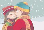 1boy 1girl beanie blush brown_hair closed_eyes couple eric_cartman hat heidi_turner hetero jacket long_hair mittens red_jacket scarf shared_clothes shared_scarf smile snow snowing south_park striped striped_scarf tsunoji