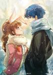 1boy 1girl animal_ears black_coat blue_eyes blue_hair braid braided_ponytail brown_hair carrot coat couple da_li_aa_zai douluo_dalu from_side long_hair looking_at_another looking_up pink_coat rabbit_ears scarf second-party_source short_hair smile snowing tang_san xiao_wu_(douluo_dalu)