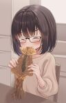 1girl bangs black-framed_eyewear black_hair blush brown_hair brown_sweater closed_eyes eating facing_viewer food food_request glasses highres holding indoors long_sleeves mimikaki_(men_bow) on_chair original puffy_long_sleeves puffy_sleeves solo sweater table v-shaped_eyebrows